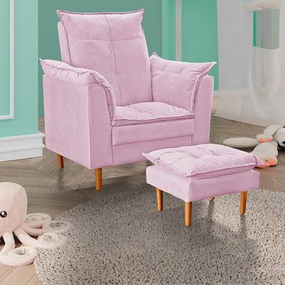 Poltrona De Amamentação Com Puff Quarto De Bebê Anny Suede Rosê
