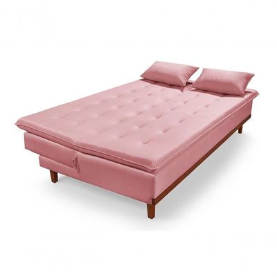 Sofá Cama Reclinável Santorini Veludo Confortável Base De Madeira Rosa 200