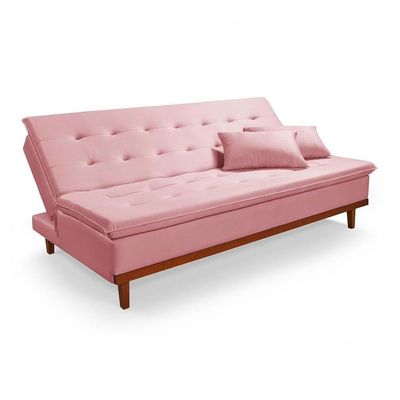 Sofá Cama Reclinável Santorini Veludo Confortável Base De Madeira Rosa 200