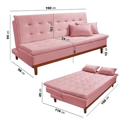 Sofá Cama Reclinável Santorini Veludo Confortável Base De Madeira Rosa 200