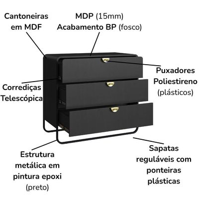 Comoda 3 Gavetas Organica 90 Cm 28068 Artesano Nero Preto