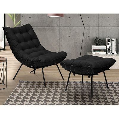 Kit 2 Puff Decorativo Sala de Estar Abel Pés Preto Veludo Preto - Gran Belo