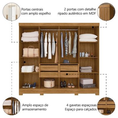 Guarda Roupas Casal Com Espelho Ripado 8 Portas 4 Gavetas Diamante Moval Madeir/off