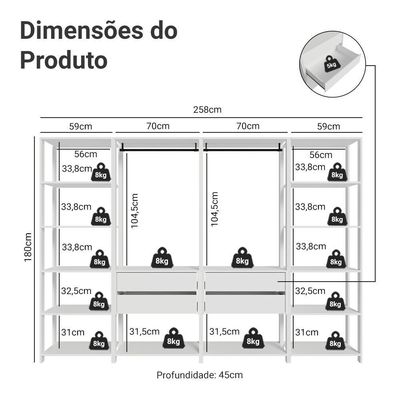 Guarda-roupa Closet Modulado 4 Gavetas 258 Cm Valencia Madesa 01 Branco