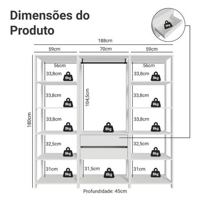 Guarda-roupa Closet Modulado 2 Gavetas 188 Cm Valencia Madesa Branco