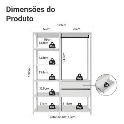 Guarda-roupa Closet Modulado 2 Gavetas 129 Cm Valencia Madesa Branco