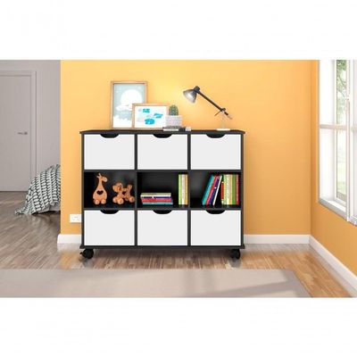 Conjunto Nicho Organizador Zuri 9 Espaços Com Rodízios Preto + 2 Kits 3 Gavetas Brancas