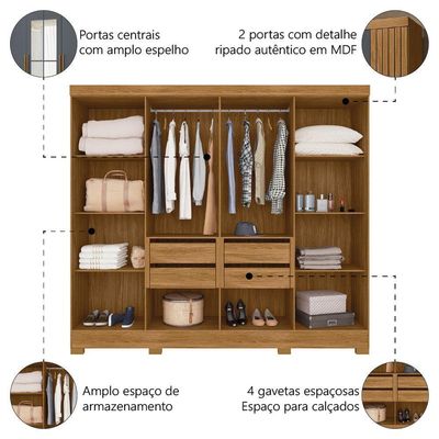 Guarda Roupas Casal Com Espelho Ripado 8 Portas 4 Gavetas Diamante Moval Madeirado / Cinza