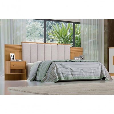 Cabeceira Para Cama De Casal Ripada Irís 140cm Estofada Com 2 Mesas De Cabeceira D Doro Cinamomo/ripado