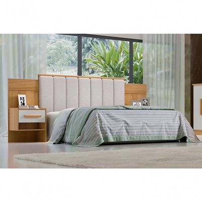 Cabeceira Para Cama Queen Size Ripada Irís Estofada Com 2 Mesas De Cabeceira D Doro Cinamomo/off White/ripado