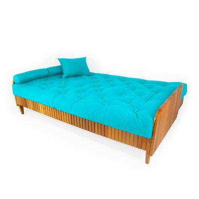 Sofá Cama Paris Ripado Sarja Azul Tiffany Madeira Nobre