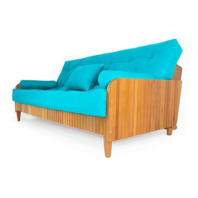 Sofá Cama Paris Ripado Sarja Azul Tiffany Madeira Nobre