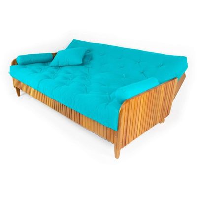 Sofá Cama Paris Ripado Sarja Azul Tiffany Madeira Nobre