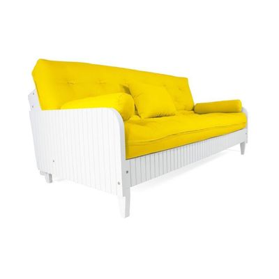 Sofá Cama Paris Ripado Branco Sarja Amarelo Madeira Nobre