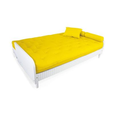 Sofá Cama Paris Ripado Branco Sarja Amarelo Madeira Nobre