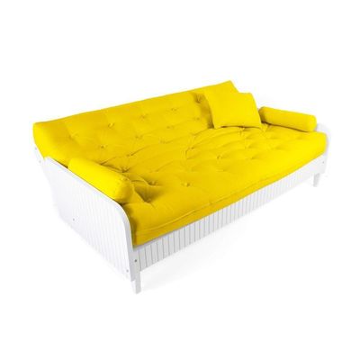 Sofá Cama Paris Ripado Branco Sarja Amarelo Madeira Nobre
