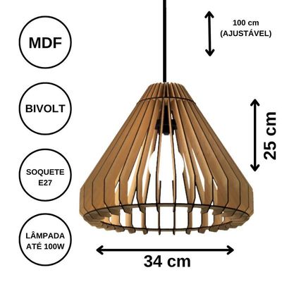 Luminária Teto Tipo Pendente Cone Mdf - Completa Cor: Preta