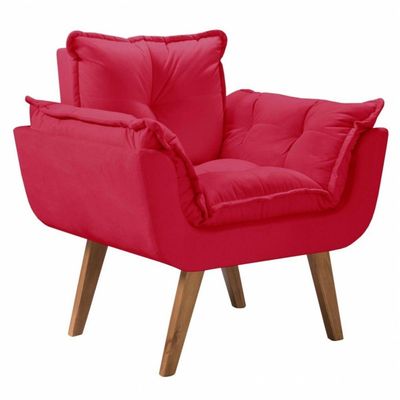 Poltrona Decorativa Perola com Pés Madeira Suede Vermelho