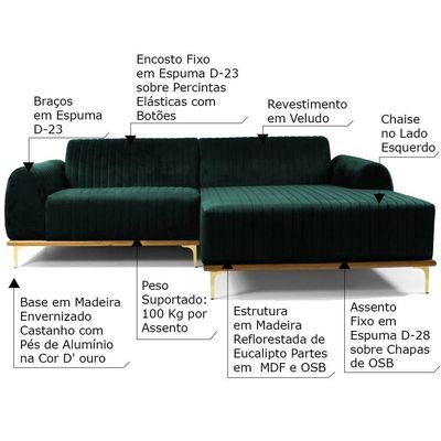 Sofá 3 Lugares Com Chaise Base de Madeira Euro 245 Cm Verde