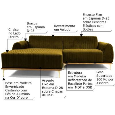 Sofá 3 Lugares com Chaise Base de Madeira 230 Cm Mostarda