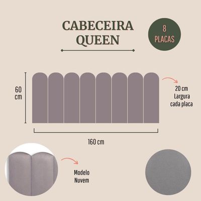 Cabeceira Queen Kit 8 Placas Modelo Nuvem - Suede Cinza