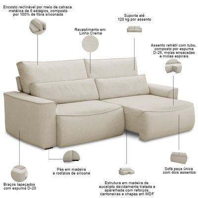 Sofá 3 Lugares Retrátil Reclinável Para Sala De Estar 230cm Odilon F04 Linho Creme - Lyam Decor