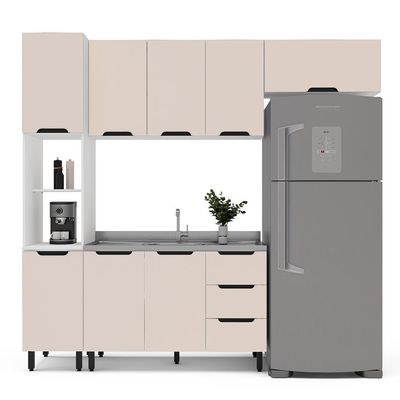 Cozinha Compacta Sem Tampo Meena 8 Portas 3 Gavetas Creme e Branca