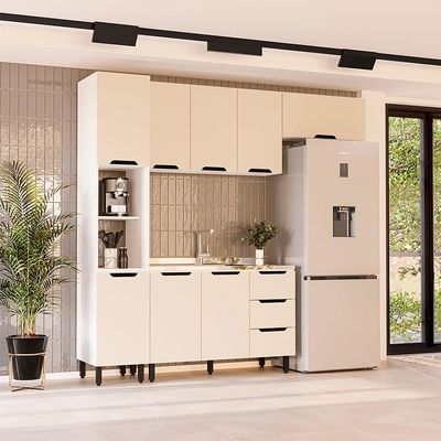 Cozinha Compacta Sem Tampo Meena 8 Portas 3 Gavetas Creme e Branca