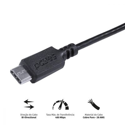 Cabo Para Celular Smartphone Usb A 2.0 Para Usb Tipo C 1 Metro Preto - Puacp-01
