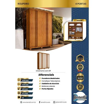 Guarda Roupa Porto 4 Portas Ripado 3 Gavetas 8 Prateleiras Cinamomo