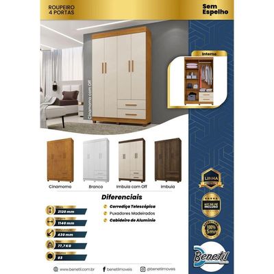 Guarda Roupa New Copacabana 4 Portas 2 Gavetas 5 Prateleiras Cinamomo
