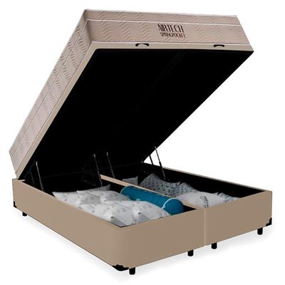 Cama Box Baú Queen Suede Bipartido + Colchão Ortobom Airtech Molas Ensacadas 65x158x198 Bege
