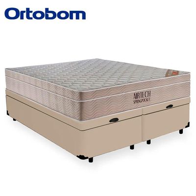Cama Box Baú Queen Suede Bipartido + Colchão Ortobom Airtech Molas Ensacadas 65x158x198 Bege