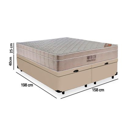 Cama Box Baú Queen Suede Bipartido + Colchão Ortobom Airtech Molas Ensacadas 65x158x198 Bege