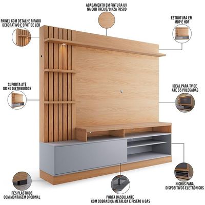 Estante Painel Para 65 Pol Com Led Aracati C04 Freijó Cinza Fosco - Lyam Decor