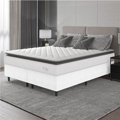 Cama Box Colchão Casal King Molas Ensacadas City Pillow Top 193x203x61cm Linho Branco Cinza