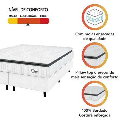 Cama Box Colchão Casal King Molas Ensacadas City Pillow Top 193x203x61cm Linho Branco Cinza