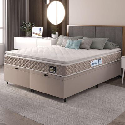 Cama Box Baú Casal Queen Colchão Espuma D33 Pillow Top Millenium 158x198x60cm Suede Bege/branco