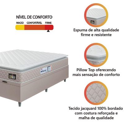Cama Box Baú Casal Queen Colchão Espuma D33 Pillow Top Millenium 158x198x60cm Suede Bege/branco