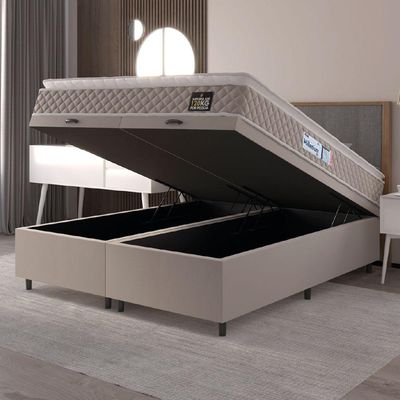 Cama Box Baú Casal Queen Colchão Espuma D33 Pillow Top Millenium 158x198x60cm Suede Bege/branco
