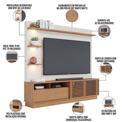 Estante Painel Para 70 Pol Com Led Itapema C04 Freijó Off White Matte - Lyam Decor