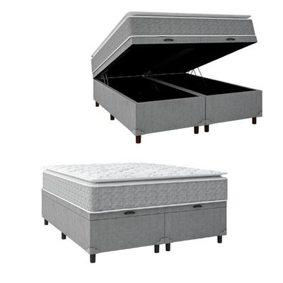 Cama Box Baú Casal Colchão Pillow 158x198x74cm Cinza/branco