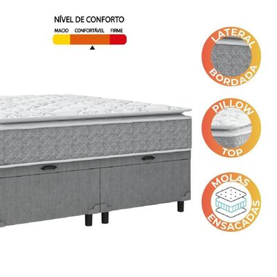Cama Box Baú Casal Colchão Pillow 158x198x74cm Cinza/branco