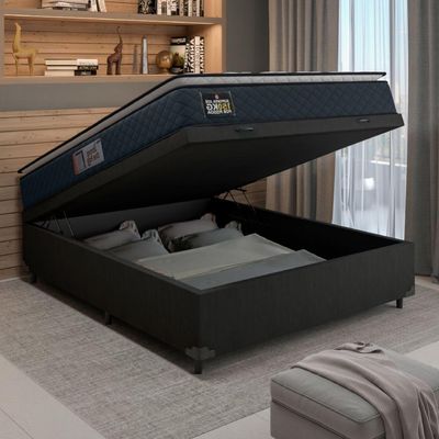 Cama Box Baú Casal Colchão Espuma D45 Pillow Top Strong 138x188x65cm Cinza/preto Hellen