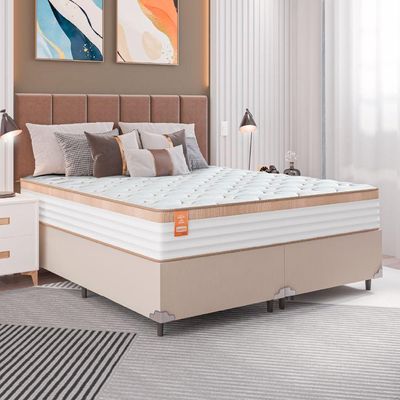 Cama Box Casal King Colchão Molas Ensacadas Real Branco/bege