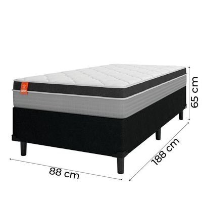Cama Box Solteiro Colchão Molas Ensacadas Real 88x188x65cm Preto/Cinza Suporta Até 130kg Por Pessoa