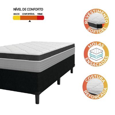 Cama Box Solteiro Colchão Molas Ensacadas Real 88x188x65cm Preto/Cinza Suporta Até 130kg Por Pessoa