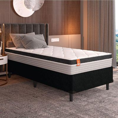 Cama Box Solteiro Colchão Molas Ensacadas Real 88x188x65cm Preto/Cinza Suporta Até 130kg Por Pessoa