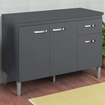 Balcão De Cozinha 120cm Gabriela 3 Portas 1 Gaveta Com Tampo Cinza