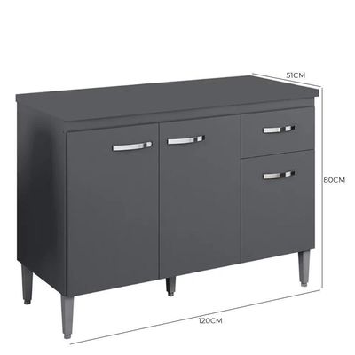 Balcão De Cozinha 120cm Gabriela 3 Portas 1 Gaveta Com Tampo Cinza